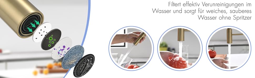 Сучасний кухонний змішувач AIMADI з висувною лійкою та 360° поворотом, чорний/рожеве золото, з двома виходами, для високого тиску