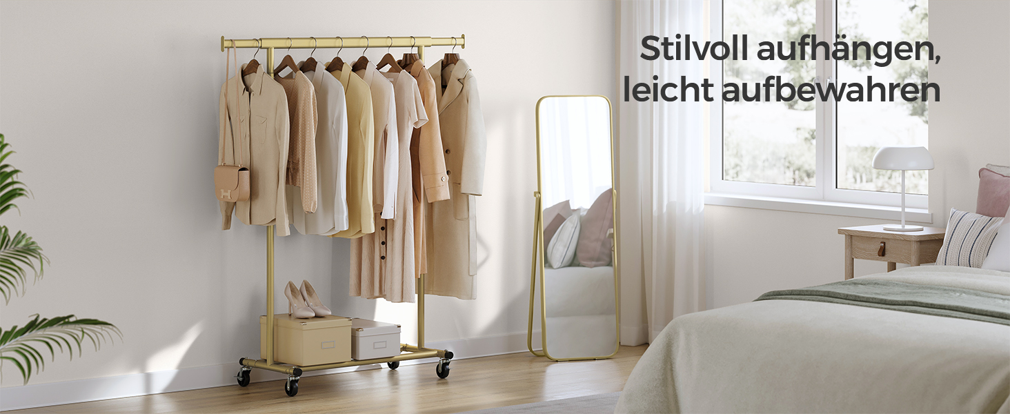 SONGMICS Clothes Rack on Wheels, Heavy-Duty Garment Rack, Extendable Clothes Rod, Load Capacity up to 100 kg, Easy Assembly, Portable, HSR13S (Pale Gold, (92-132) cm Width)