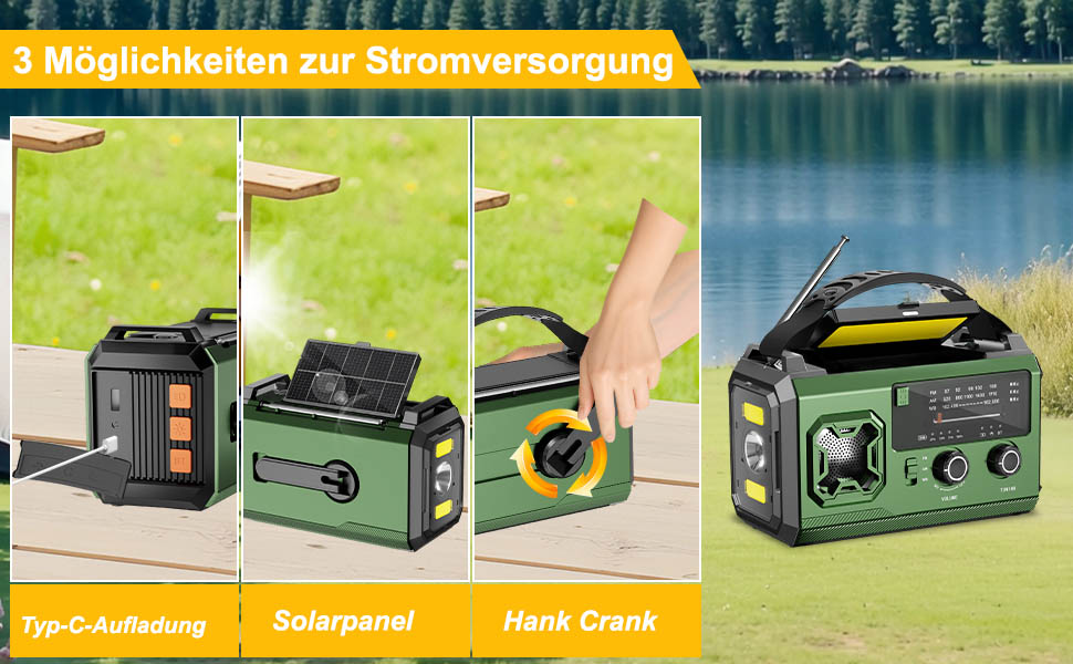 Радіо Kurbelradio на сонячній батареї 27000mAh з Bluetooth, FM/AM, SOS-сигналом, ліхтариком та компасом для кемпінгу та надзвичайних ситуацій (армійсько-зелене)