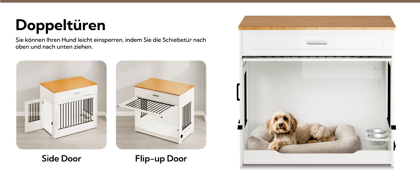 DAWNYIELD Wooden Dog Crate Furniture with Top Opening Door and Drawer - Stylish Indoor Dog Kennel End Table with 360° Swivel Dog Bowl - White