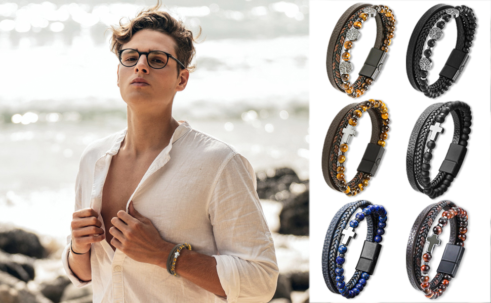 Чоловічий шкіряний браслет з хрестом, розарій, чорний/коричневий, аксесуар для чоловіків та хлопців