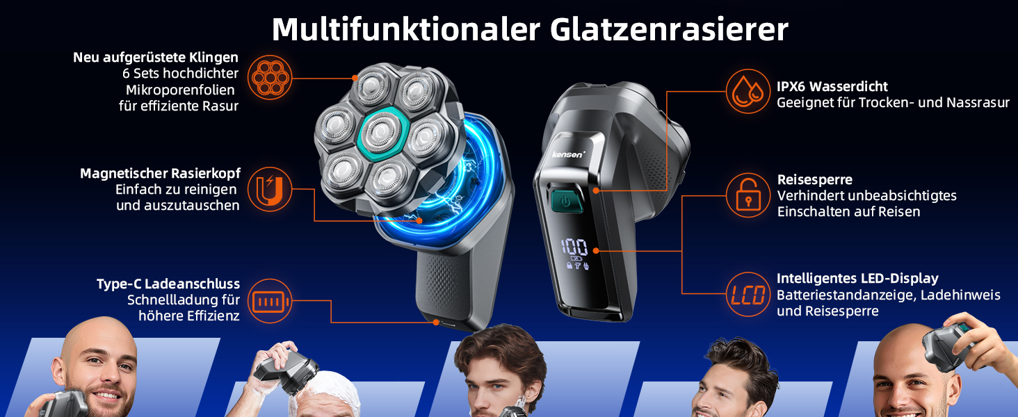 Машинка для гоління голови чоловіча Kensen 7D водонепроникна, з магнітною насадкою, Type-C, 8100/8600 об/хв, сіра