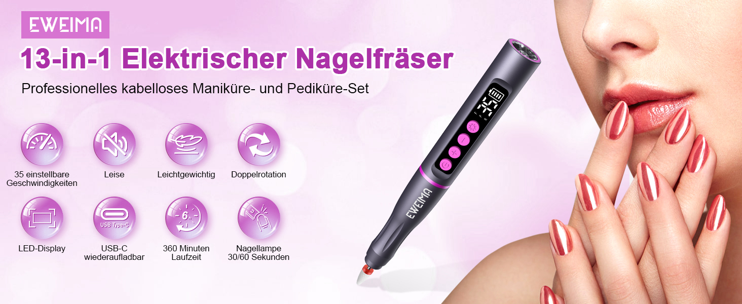 Електричний фрезер для нігтів EWEIMA 13 в 1 бездротовий, 35000 об/хв, 35 швидкостей, 66 насадок для гель-манікюру, професійний нейл-дриль, 1000mAh, сірий