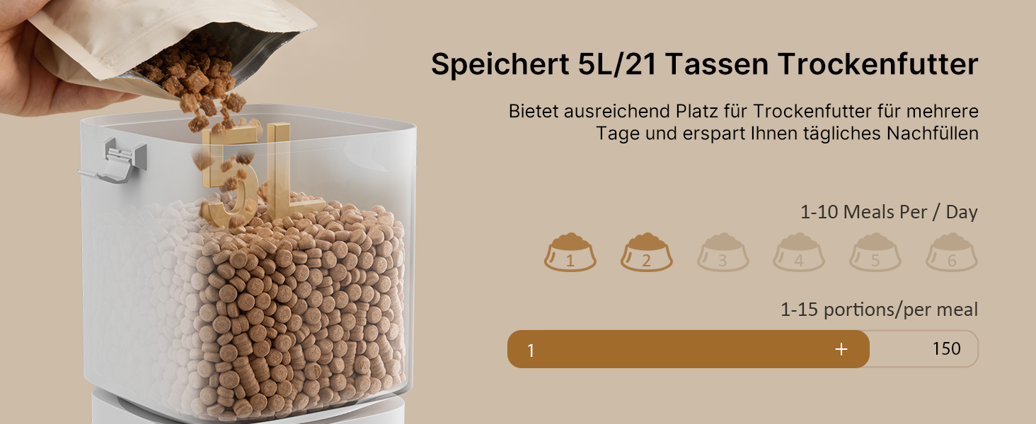 Автоматичний годівниця для котів та собак 5L з Wi-Fi, керування через додаток, 1-10 прийомів їжі на день