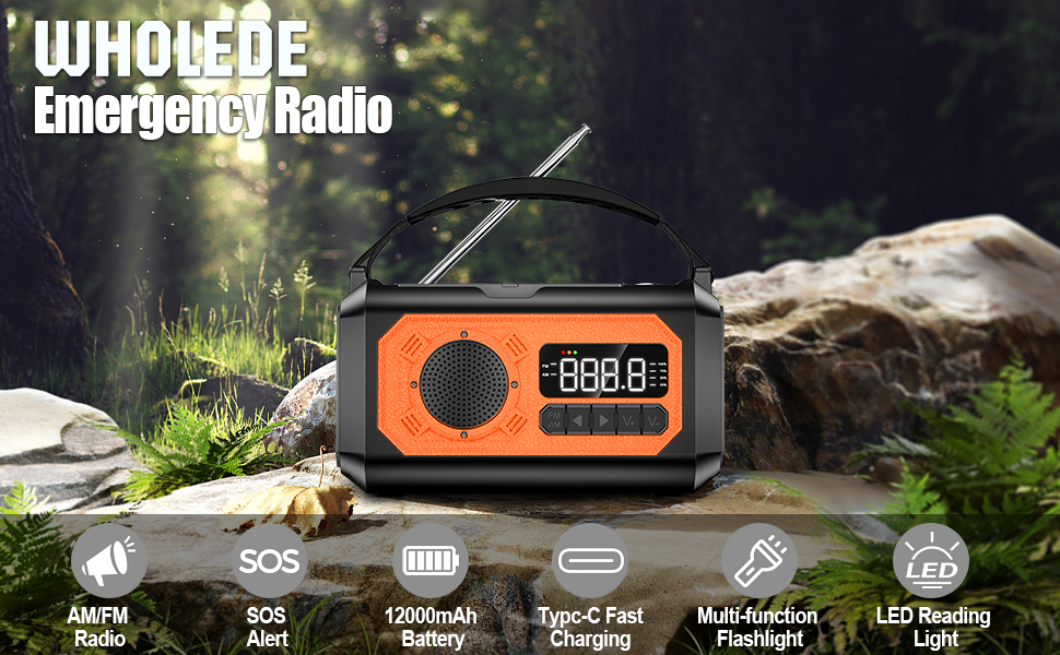 Радіоприймач Kurbelradio на 12000mAh з підзарядкою телефону, сонячне радіо з 2 сонячними панелями, портативне радіо для надзвичайних ситуацій AM/FM з навушником, ліхтарик, компас, SOS-сигнал для кемпінгу та відпочинку на природі, оранжевий