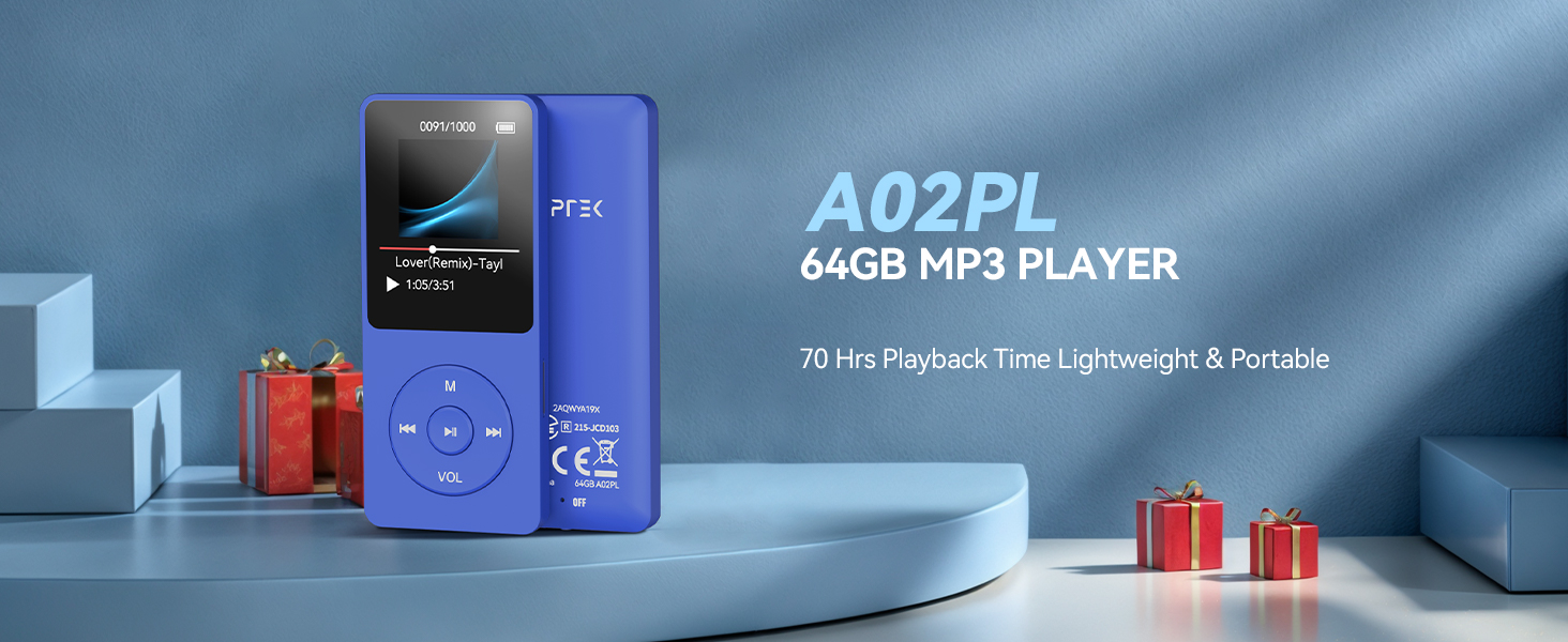 MP3 плеєр AGPTEK 64GB Hi-Fi музичний плеєр з часом роботи до 70 годин, підтримка карт пам'яті до 128ГБ, легкий портативний плеєр для дітей та дорослих, синій