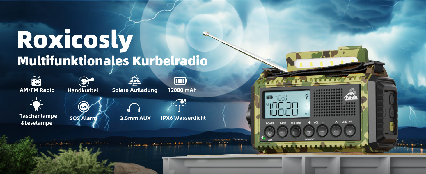 Радіо Roxicosly на ручному привіді, радіо екстреного зв'язку з Power Bank, AM/FM/SW радіо, ручне радіо та радіо 5-ти режимів з приймачем на весь світ. Як ліхтарик та зарядний пристрій, для активного відпочинку, кемпінгу, походів (Зелений камуфляж, 12000mAh)