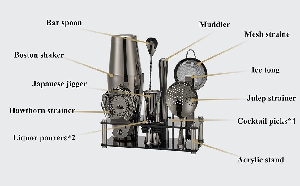 Набір шейкерів Boston - 16 предметів, нержавіюча сталь з акриловою основою, сито, щипці для льоду, барна ложка, мірний стакан, мадлер, виливний носик та шпажки для коктейлів (чорний)