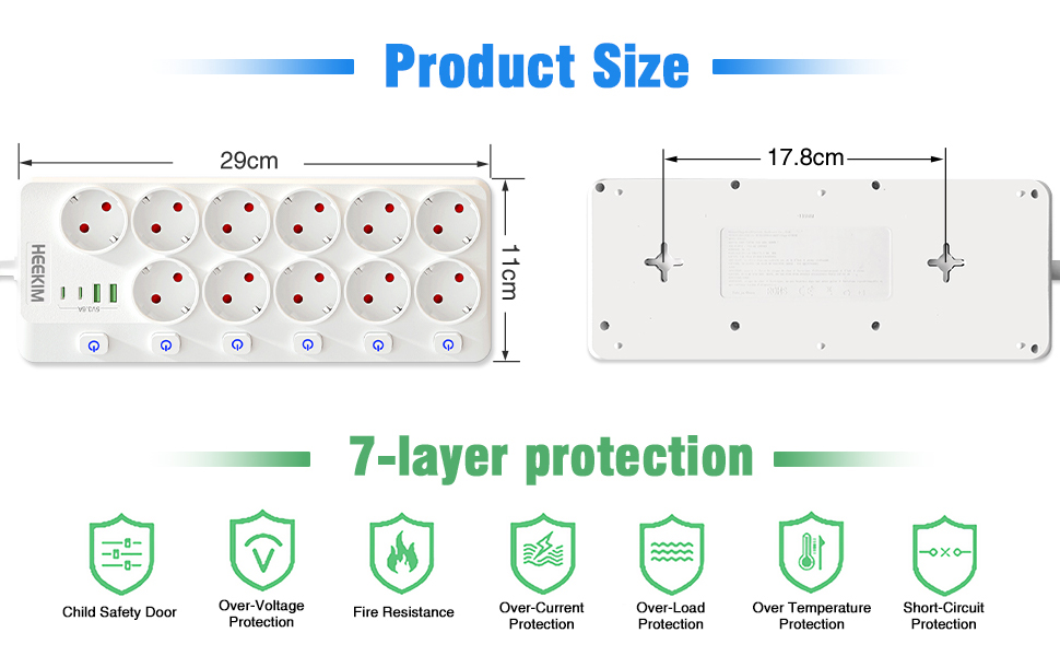 Многорозетка HEEKIM з USB, 11 розеток (2 USB-A, 2 USB-C), 4000W, 16A, з індивідуальним вимикачем, 2м кабель, для дому, школи, офісу