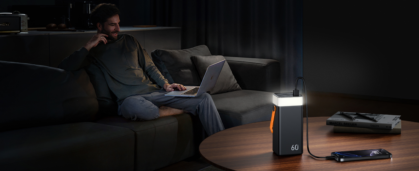 Power Bank 60000mAh 22.5W USB-C: Зовнішній акумулятор з LED-дисплеєм, 3 кабелями, 5 портами, для iPhone, Samsung, Android (Помаранчевий)