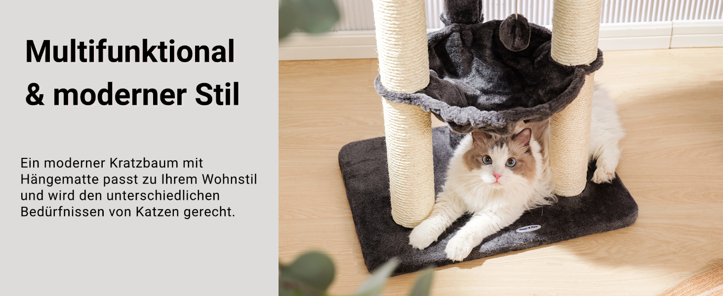 Дерево для котів Happi N Pets 71 см з лежаком та гамаком, сірий. Міцний котячий комплекс з сизалю та м'якою лежанкою.