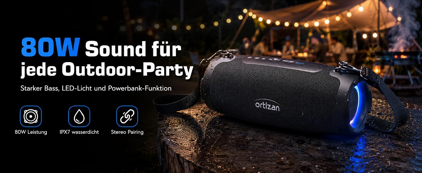 Ortizan Bluetooth колонка портативна 80 Вт, чорна: Водонепроникна IPX7, LED-підсвітка, Power Bank, до 12 год. роботи, Extra Bass