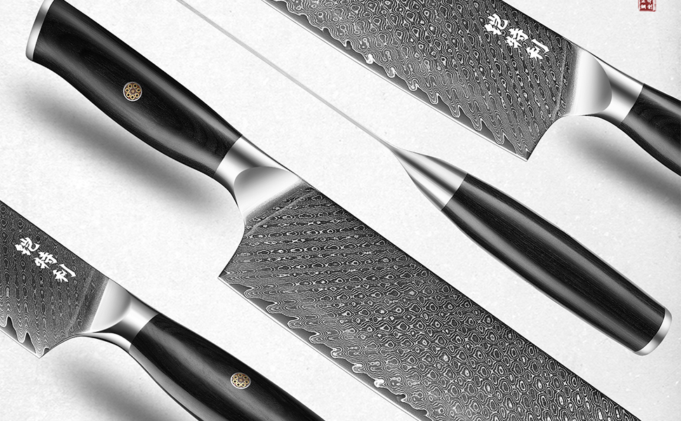 Ніж кухонний Kitory Damastmesser 20 см Pro з 73 шарів дамасткової сталі 10Cr15CoMoV, з ручкою Pakkaholz (Nakiri Messer)