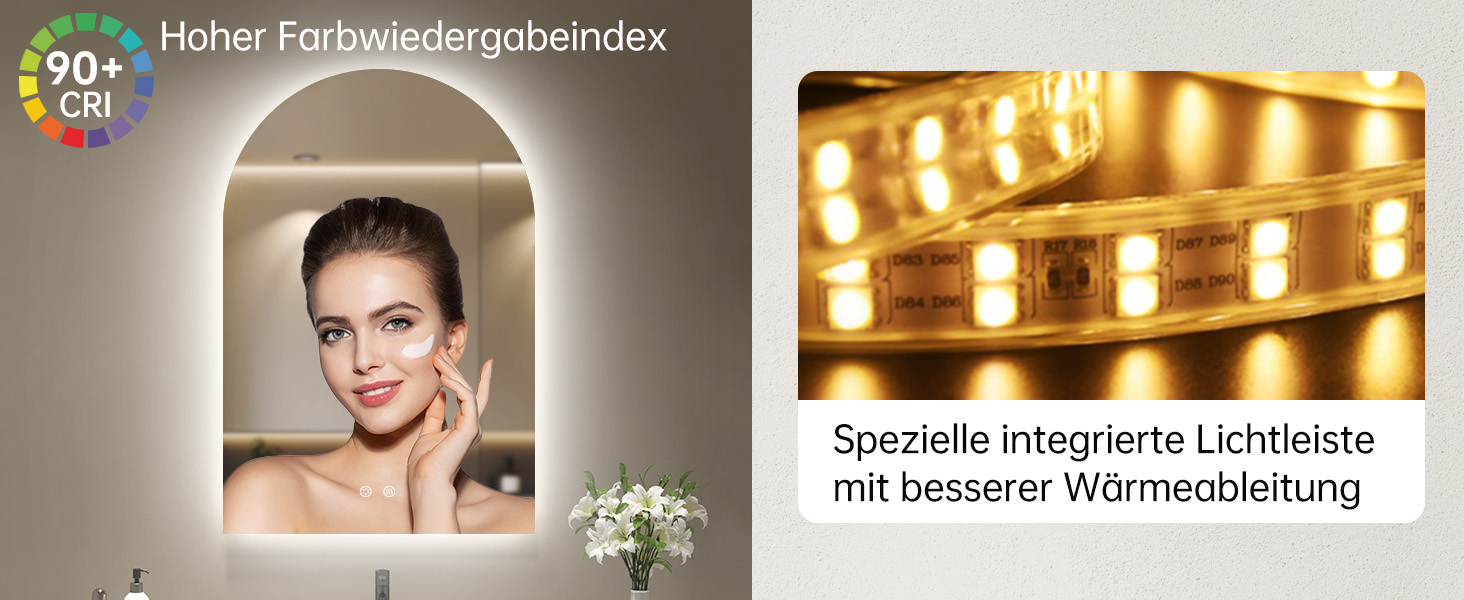 Дзеркало для ванної кімнати з підсвічуванням, арочне, без рами, 75x50 см. Touch-вимикач, регулювання яскравості, 3 кольори світла, антизапар