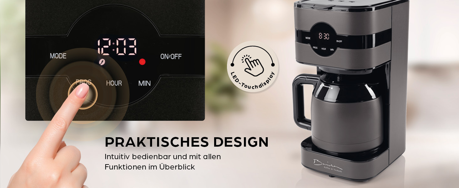 Кавомашина Barista Filterkaffeemaschine з регульованим млинком та термосклом | Функція підігріву, таймер 24г та постійний фільтр | На 10 чашок кави | Кавоварка для зерен та меленої кави [Нержавіюча сталь] (11) Сіра