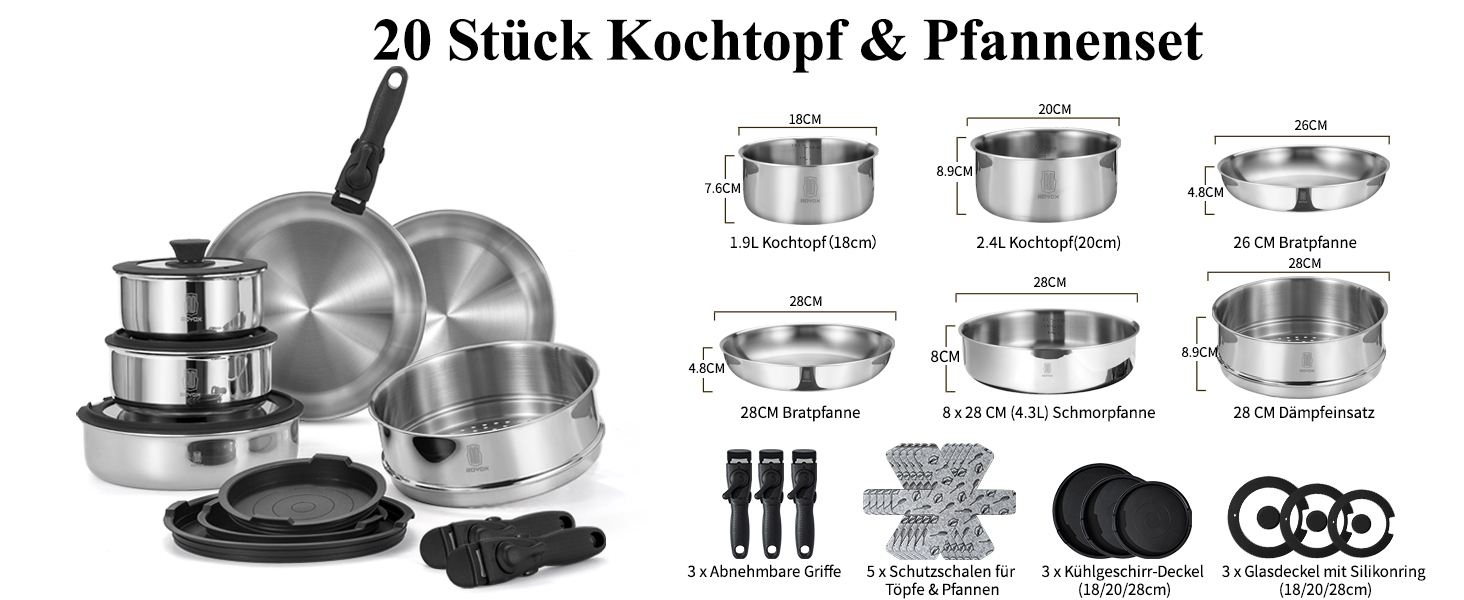Набір каструль та сковорідок ROYDX з нержавіючої сталі 18/10 з знімними ручками, індукційне дно, стік, з кришкою, без PTFE PFOA, 10 предметів, придатний для миття в посудомийній машині та духовці