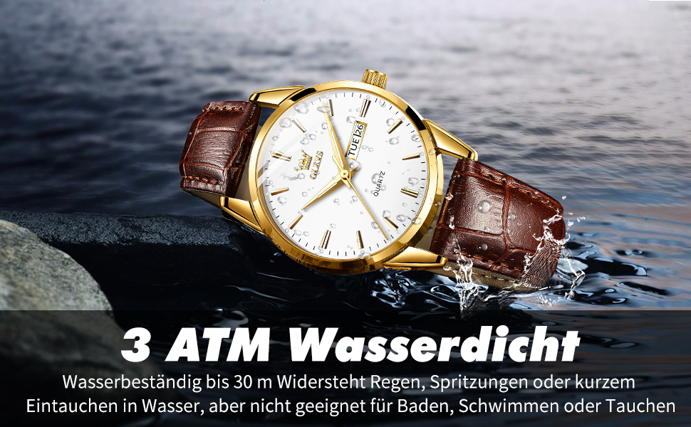 Чоловічий годинник OLEVS з нержавіючої сталі, кварцовий аналоговий годинник, класичний діловий годинник, водостійкий годинник з підсвічуванням, дата, ремінець з натуральної шкіри (білий циферблат/коричневий ремінець)
