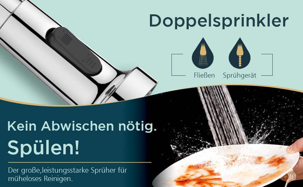 Змішувач кухонний FORIOUS висувний з душем, однорідний, 360° обертання, хром, з витяжкою