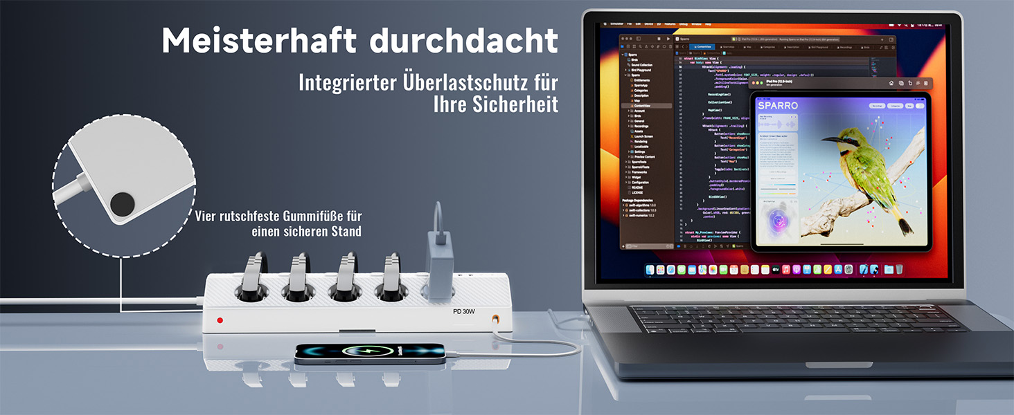 Настільний мережевий фільтр з 5 розетками та 2 USB-C (PD 30W), подовжувач з вимикачем, 4000W, кабель 2м, білий