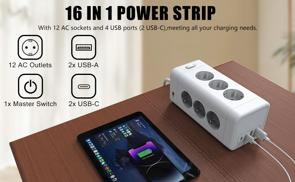 Блок розеток з USB-C, 4 розетки, плоский штекер, індивідуальне вмикання, куб з 2м плетеного кабелю для офісу, дому, подорожей - Білий 002-MF (12 розеток 2M - Білий)