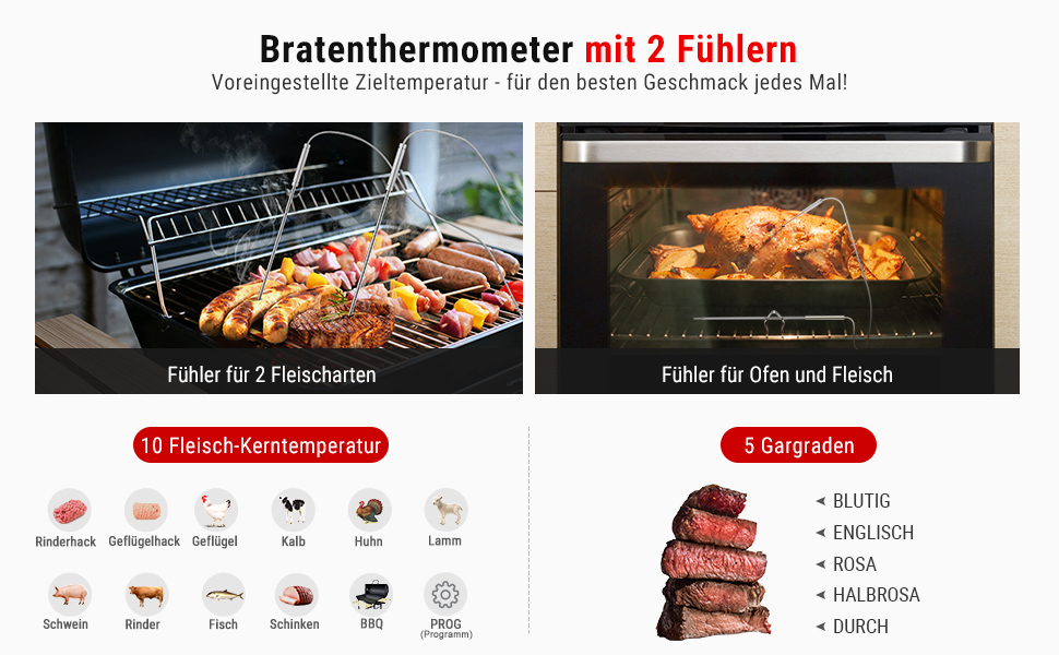 Бездротовий термометр для гриля ThermoPro TP27C 150 м, водонепроникний IPX4, кухонний м'ясний термометр із великим LCD-дисплеєм, 2 зонди для BBQ, газового гриля, Dutch Oven