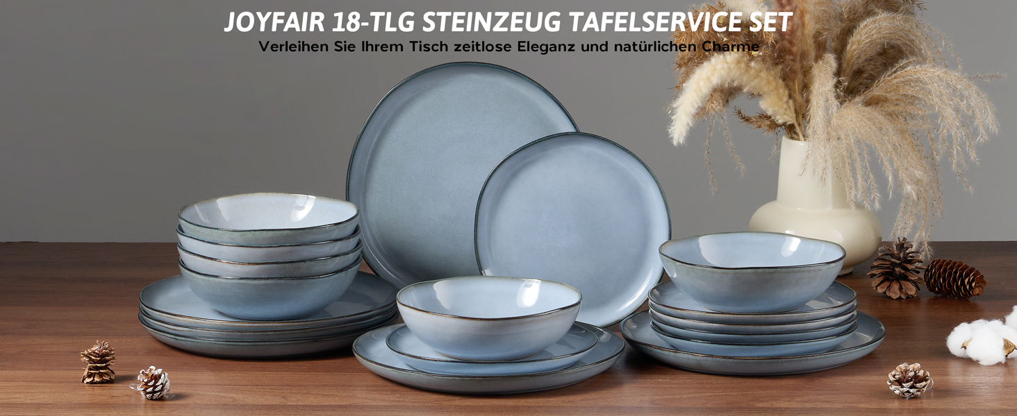 Сервіз Joyfair на 6 осіб, 18 предметів, керамічний, з тарілками для їжі, десерту та каші, безпечний для мікрохвильовки та посудомийної машини, колір: реактивний синій
