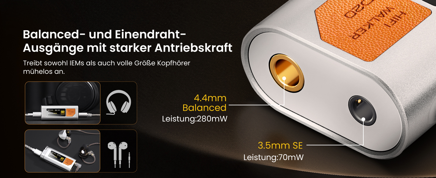 HIFI WALKER D20 DAC512: Портативний підсилювач/ЦАП для навушників – USB ЦАП Hi-Res аудіо з 4.4 мм балансним та 3.5 мм виходом, ES9038Q2M + CT7601PR, підтримка PCM 768 кГц/DSD512, алюміній, OLED дисплей, сріблястий