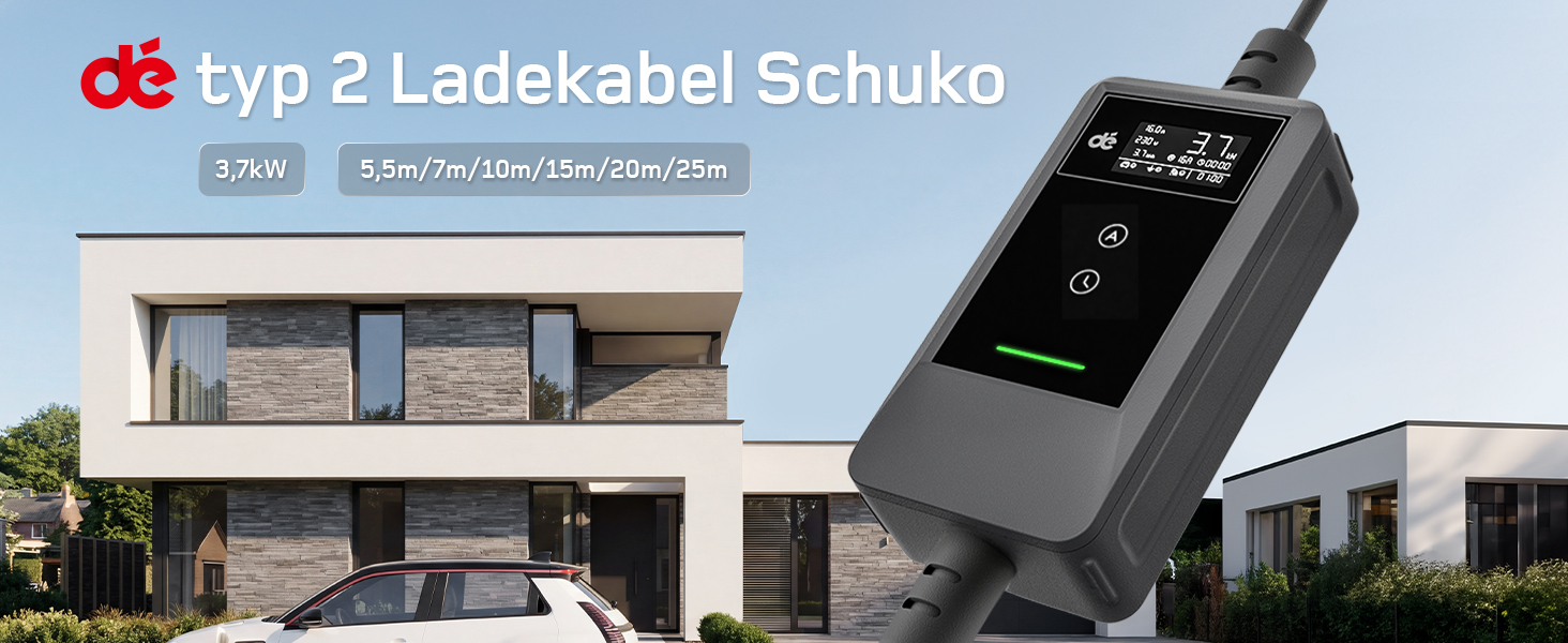 Зарядний кабель для електромобіля Type 2 Schuko 3.7кВт, регулювання струму 6-16A через додаток, чорний, 7м (Подорожній набір)