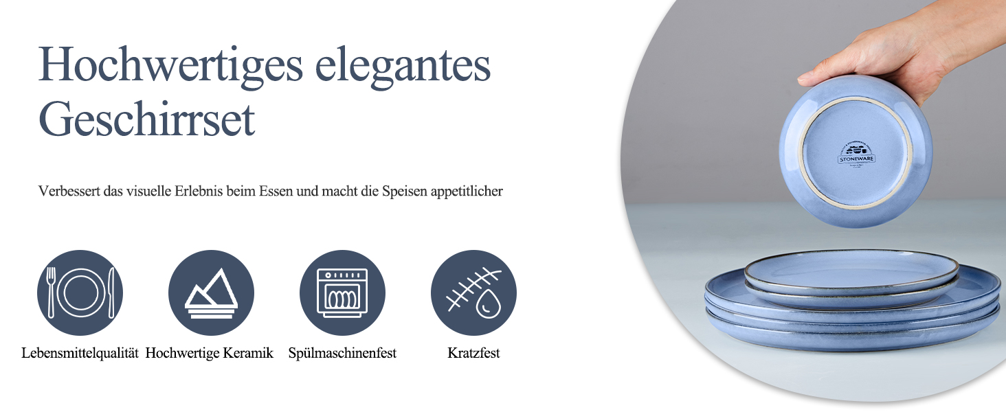 Набір посуду Joyfair на 6 осіб, 18 предметів: тарілки для їжі, десертні тарілки, миски для каші, з реактивною глазур'ю, для мікрохвильової печі та посудомийної машини (Ozean Blau)