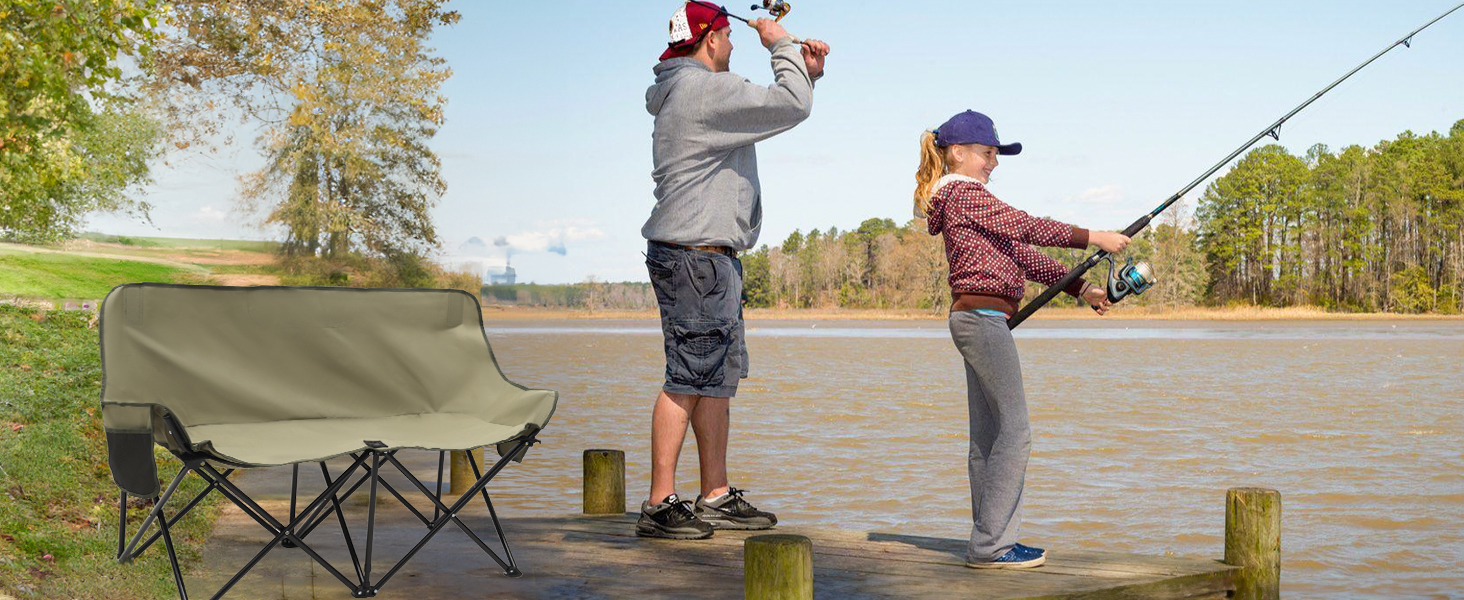 Складане крісло-диван для кемпінгу на 2 особи - переносна модель з підлокітниками та сумкою, блакитний, 110 см. Ідеально для пікніків, кемпінгу, саду, балкону, риболовлі та відпочинку на природі.