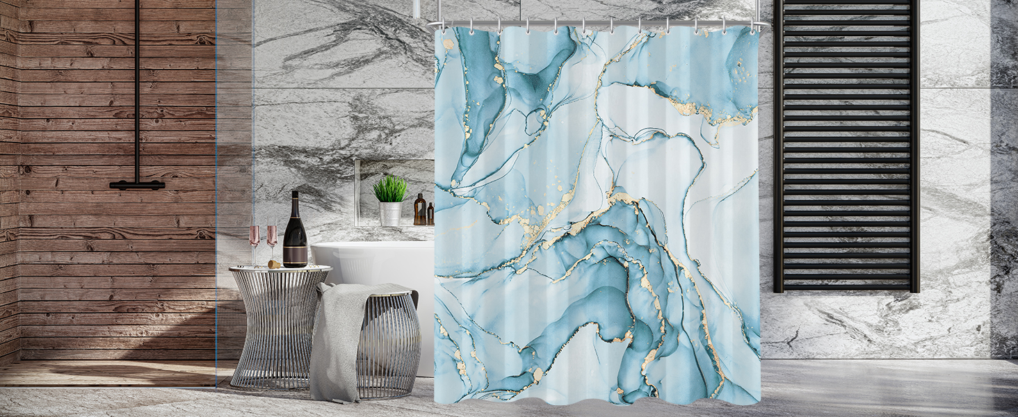 Штора для ванної кімнати 180x200 см, антигрибкова, водовідштовхувальна, поліестер, з кільцями (Світло-блакитний мармур)