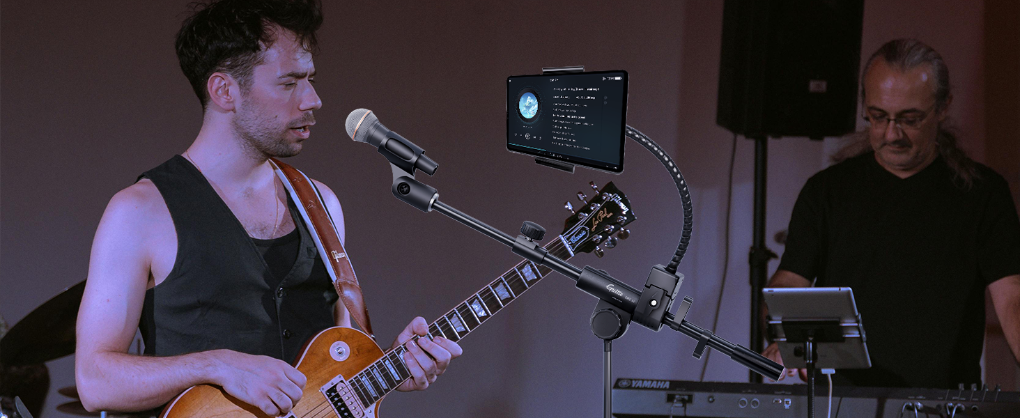 Підставка для мікрофона GUITTO з двома тримачами для смартфона/планшета, регульований кріплення, важка основа, для стрімінгу, подкастів, запису та живих виступів (GMS-04)