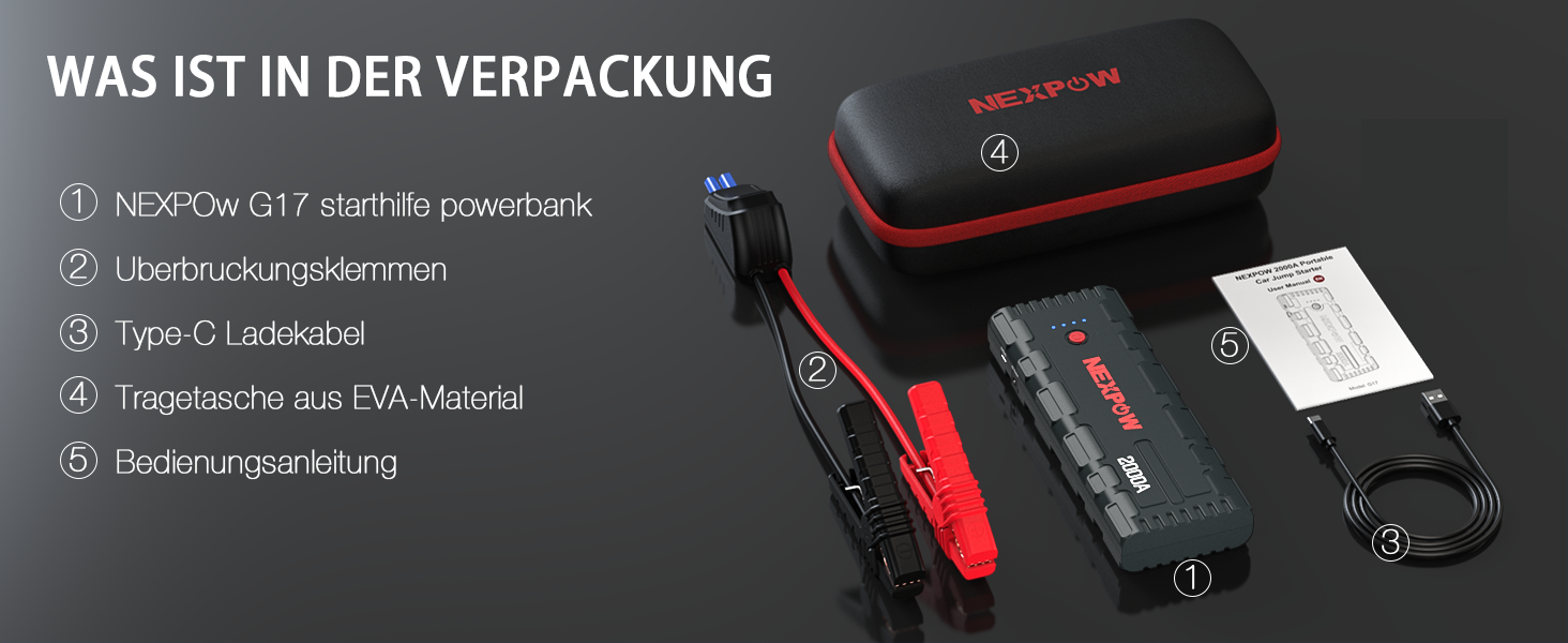 Powerbank NEXPOW Starthilfe: портативний пусковий пристрій для авто 2000A, 12V, USB-швидка зарядка 3.0 (до 7.0L бензин/6.5L дизель), LED-ліхтар, сірий