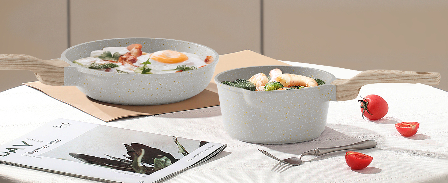 Набір посуду RIOVARM: сковороди з антипригарним покриттям (18см, 20см, 24см) та каструля з кришкою, без PFOA