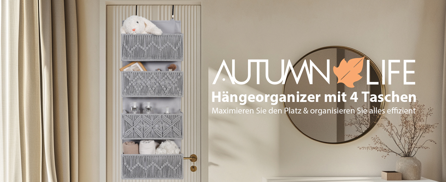Органайзер для дверей з 4 кишенями, Бохо декор, настінна полиця-органайзер з 2 гачками, для спальні, дитячої кімнати, ванної (4 кишені-сірий)
