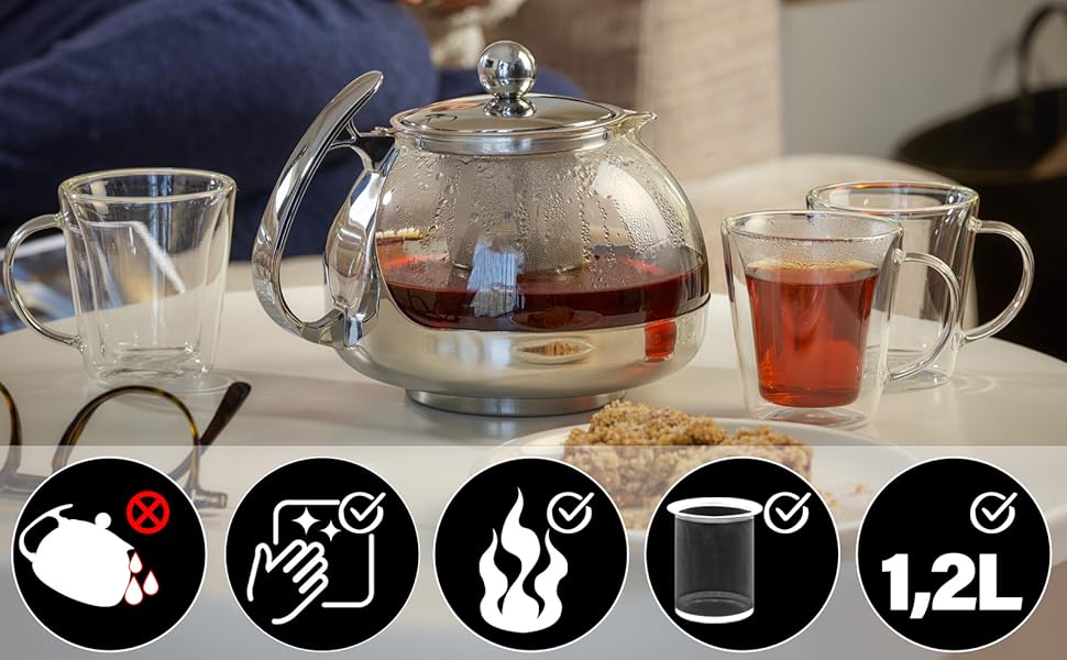 Скляний чайник MONZANA з вийманим ситом з нержавіючої сталі, термостійке боросилікатне скло, 1.2 л