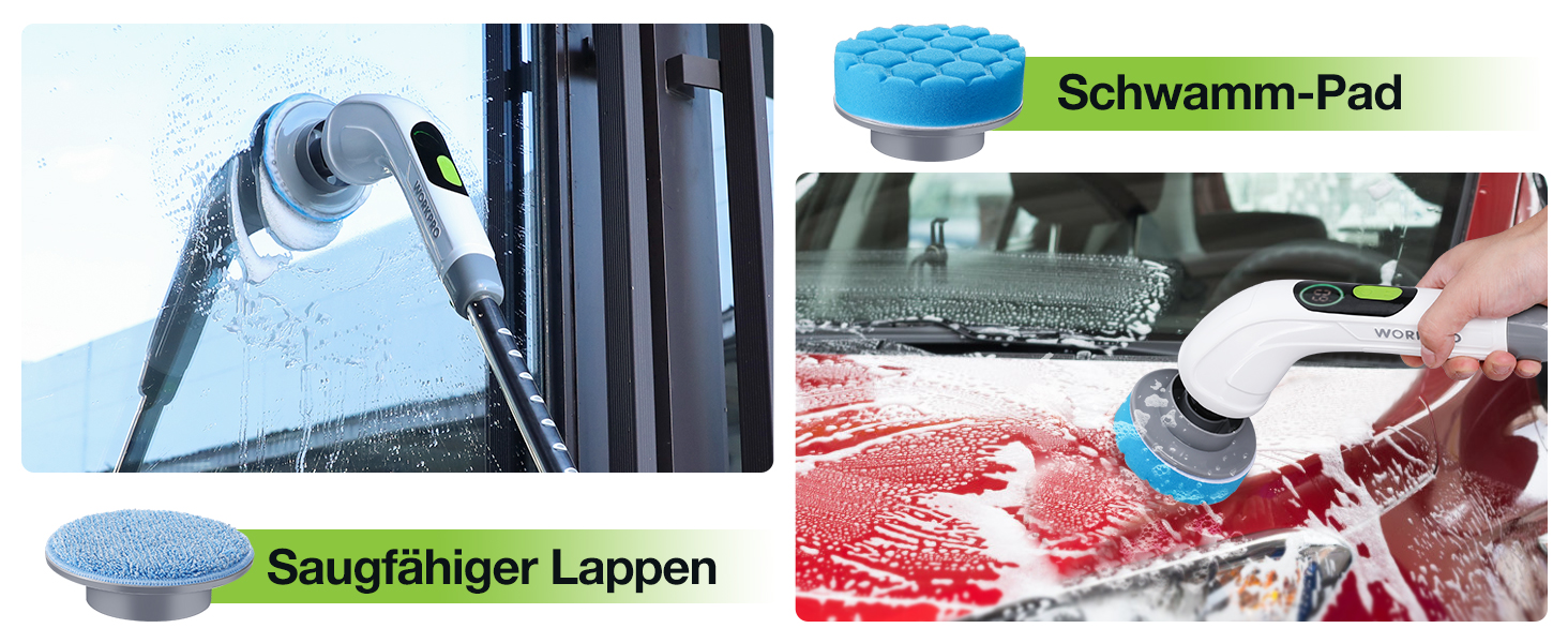 WORKPRO Електрична щітка для прибирання з індикатором потужності, 8 в 1, обертова щітка-скребок, 8 насадок, телескопічна ручка 30-120 см, 3 швидкості, для ванної кімнати та кухні