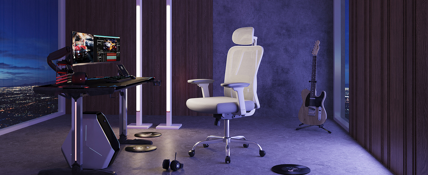 Офісне крісло Devaise: ергономічне крісло з регульованою спинкою, підголівником та поперековою підтримкою, 3D підлокітниками, 3-ступеневим нахилом та дихаючою сіткою для дому та офісу, біле