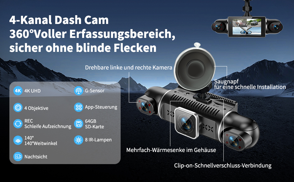 Автомобільний відеореєстратор 4K/1080P 4-канальний з SD-картою 64ГБ, 3