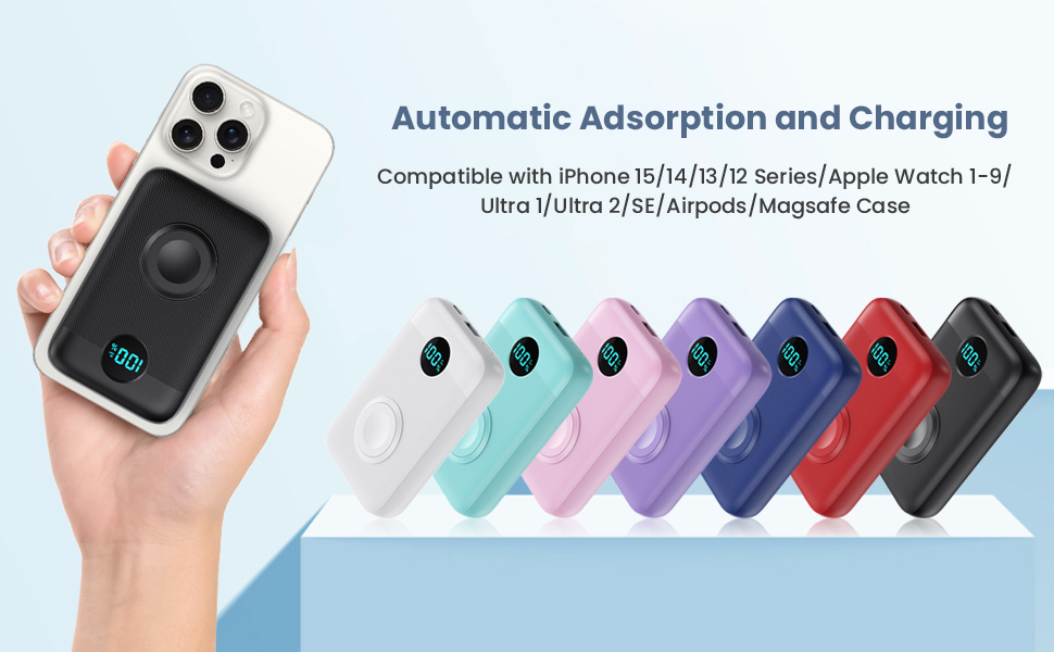 Power Bank магнітний 10800mAh з підтримкою MagSafe, 4-в-1, з зарядкою для Apple Watch, QC4.0+PD 22.5W USB-C, швидка зарядка, LED-дисплей, чорний