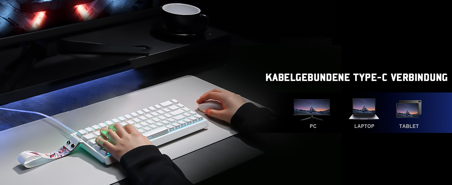 Механічна ігрова клавіатура YUNZII MADLIONS MAD68 з провідним підключенням, 60% розмір, Hall Effect перемикачі, регульована чутливість, PBT клавіші, RGB підсвічування, 8K polling rate (біла, перемикач Magnetic Amber Pro)