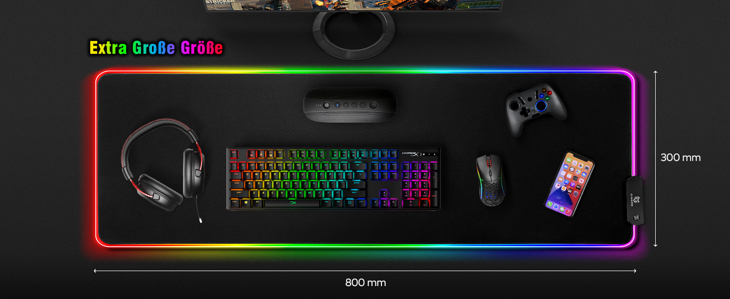Килимок для миші гімнастичний Gimars RGB, XXL 800x300x5 мм, вологостійкий, з підсвічуванням 12 LED, чорний