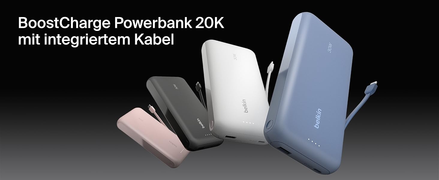 Зовнішній акумулятор Belkin BoostCharge 20K PD 30W з вбудованим кабелем USB-C, Power Bank для iPhone 16, iPad Pro, Samsung Galaxy S25, синій