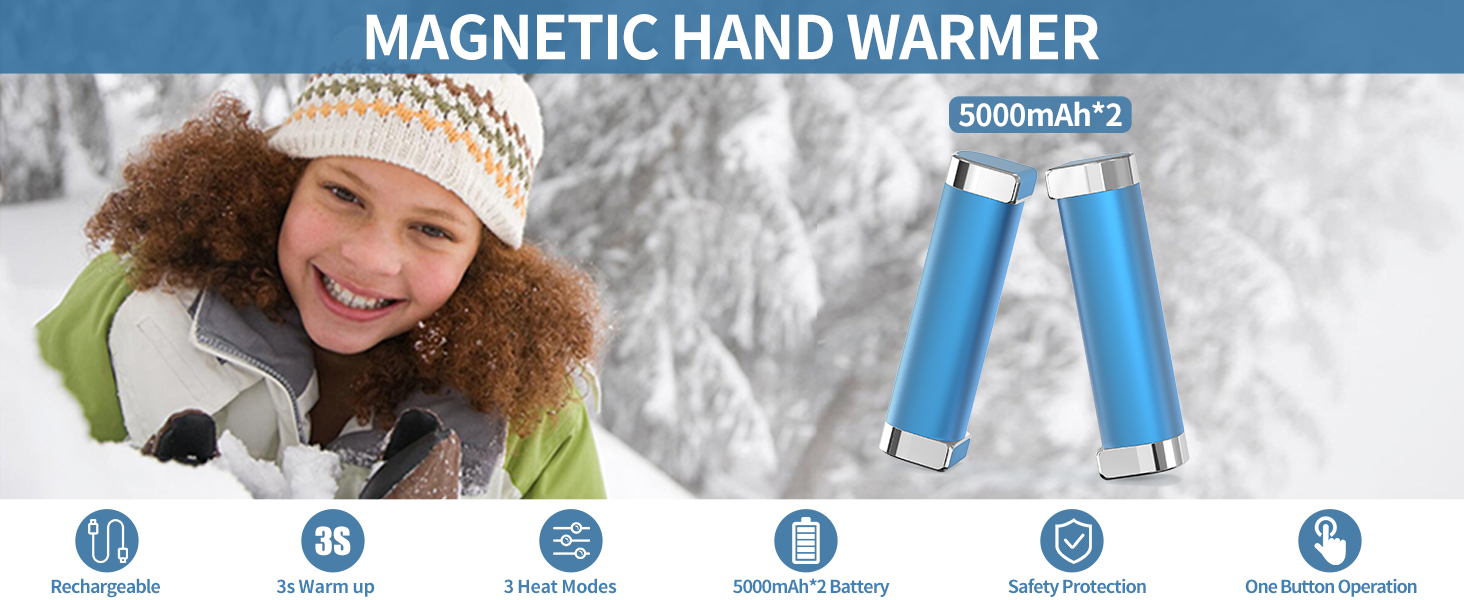 Електричні грілки для рук 5000mAh (2 шт.) - багаторазові, для активного відпочинку, дитячі, зимовий подарунок для жінок, чоловіків та дітей (блакитні)
