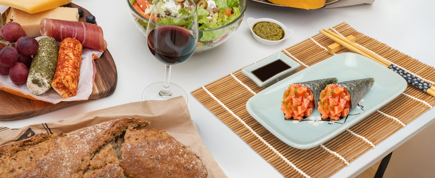 Набір для суші Exzact (10 шт.) – 2 тарілки, 2 миски для соусу, 2 підставки під столові прилади, 2 пари паличок для їжі – високоякісний фарфор, у подарунковій коробці – блакитний колір