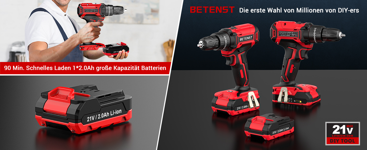 Акумуляторний шуруповерт BETENST 21V з 2 акумуляторами 2.0Ah, 42Nm, 25 моментів, 2 швидкості, LED-ліхтик, 30-ти елементний набір для дому та саду, DIY проєкти