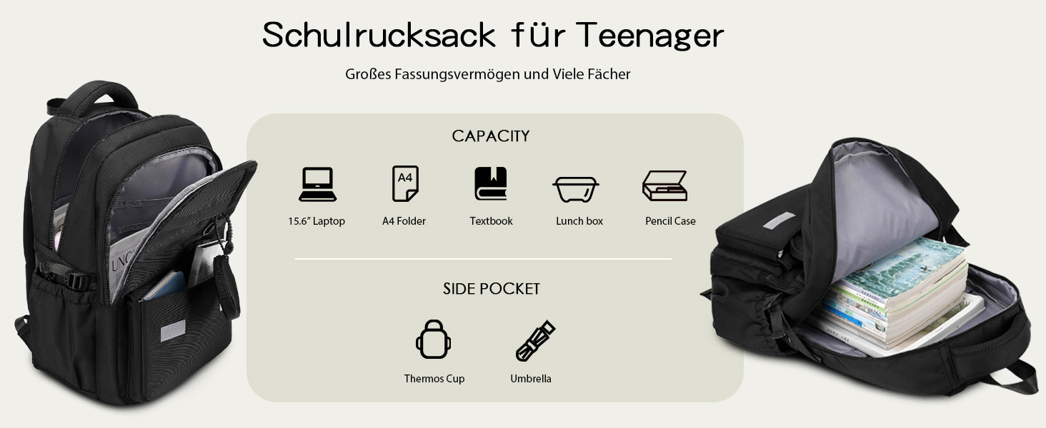 Водонепроникний шкільний рюкзак JANSBEN для підлітків (хлопців та дівчат), багатоклековий дизайн для школи та подорожей, ідеальний для 5 класу, чорний