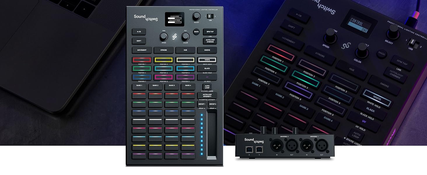 SoundSwitch Control One – Професійний контролер освітлення DMX для DJ з 3 місяцями доступу до програмного забезпечення SoundSwitch, підтримка DMX та Phillips Hue. Чорний колір