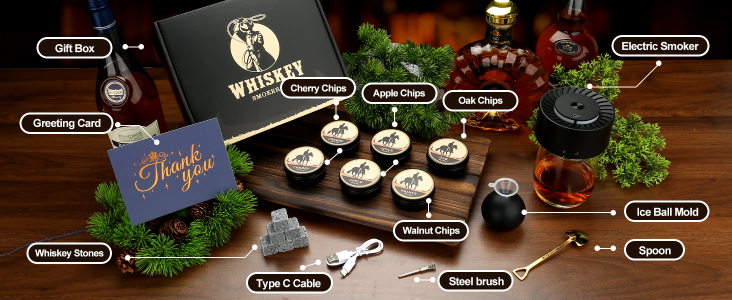 Електричний набір для копчення віскі Saturn - 6 дерев'яних чіпсів, 6 каменів для віскі, форма для льоду, перезаряджається, для бурбону, подарунок для батька, чоловіка, електричний дим для віскі + камені