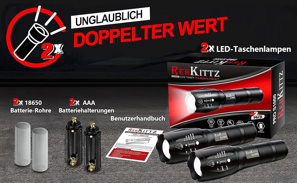 Тактичний ліхтарик 2 шт. 2000 люмен, LED, для кемпінгу та туризму, тактичний, водонепроникний, з зумом, з 5 режимами, корпус з алюмінію